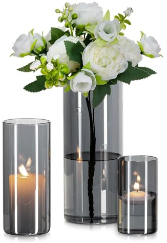 Glasseam Glasvase Zylinder Vase Grau: 3 Stück Glas Vasen Set für Wohnzimmer Deko Glaszylinder Windlicht - Runde Blumenvase Modern Glasvasen für Tischdeko Tulpen Pampasgras (10/15/20cm)