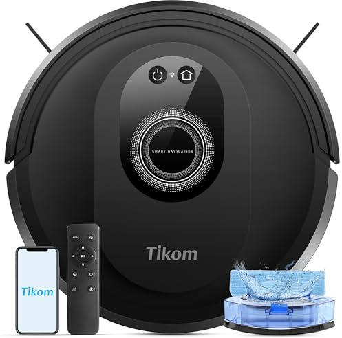Tikom Saugroboter mit Wischfunktion 2 in 1, G8000 Max Staubsauger Roboter, 5000Pa Starke Saugkraft Roboterstaubsauger, Selbstaufladend, WLAN, 150Mins Max, Ideal für Tierhaare, Teppich, Hartboden
