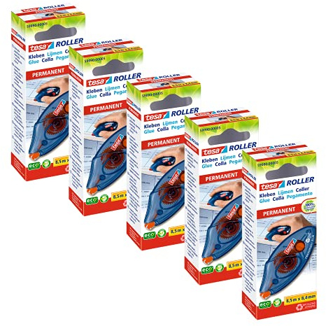 tesa Roller Kleben Permanent ecoLogo Einwegroller im 5er Pack - Umweltschonender Kleberoller mit reißfestem PET-Band - 8,5 m x 8,4 mm