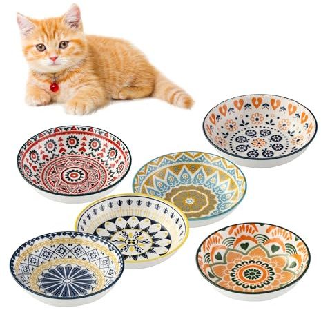 6 Stück Katzennapf, Keramik, 14 x 3.5 cm Futternapf für Katzen, bunte Napfset, KatzennäPfe für Kätzchenfütterung und Wasser