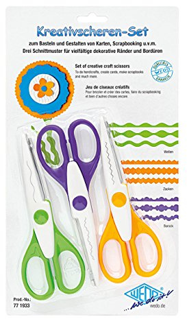 Wedo 771933 Kreativscheren Set, Wellenschnitt, Zackenschnitt, Büttenschnitt große Grifflöcher, Inhalt: 3 Stück, 3er Set, 16 cm) farbig sortiert