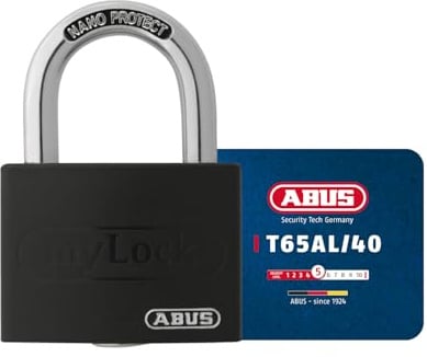 ABUS Vorhängeschloss T65AL/40 myLOCK - individuell beschreibbar - Spindschloss - massiver Aluminium-Schlosskörper - ABUS-Sicherheitslevel 5 - Schwarz