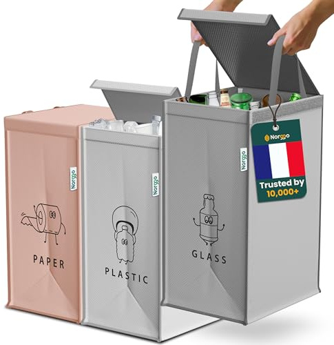 Norggo® Mülltrennsystem 3fach – Set aus 3 Mülltrennsysteme für Plastik, Papier und Glas – Recycling Behälter 40L mit Griff – Abfall & Recycling Lösung – Mülltrennsystem Küche – Altpapier & Altglas