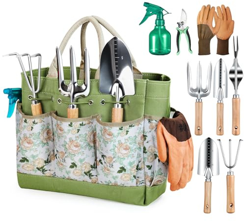 Grenebo Gartenwerkzeug Set,9 Stück Garten Werkzeug mit Gartengeräte Organizer Handtasche, Rostfreies und ergonomisches Gartengeräte Set, Ideale Gartengeschenke für Frauen für Gartenliebhaber geeignet.