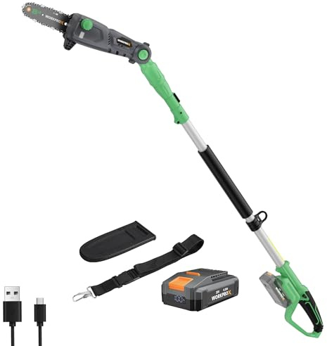 WORKPRO X Serie Hochentaster 20V, Akku-Astkettensäge | Leistungsstarke Teleskop Astsäge PD Schnellladung, Automatische Kettenschmierun, für Baumschneiden