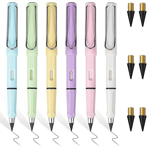 RNHDLY Ewiger Bleistift, 6 Stück Tintenlose Bleistifte Ewig, Unendlicher Bleistift, Ewiger Bleistifte mit Radiergummi, 6 Ersatzköpfe Ersatzminen