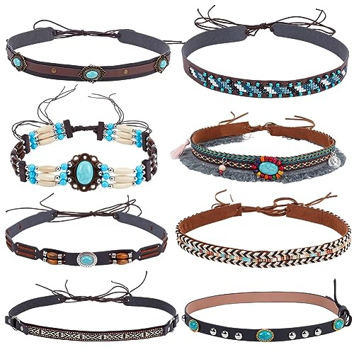PLIGREAT 8 Stück Perlen Cowboyhut Bänder Ersatz Männer Frauen Western Hut Bänder für Cowboyhut Stroh Fedora Panama Hut Gürtel Klassisch Mexikanisch Türkis Hutbänder Vintage Hut Dekor