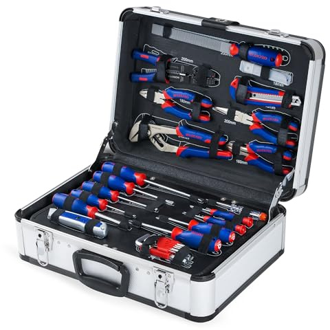 WORKPRO Werkzeugkoffer gefüllt Aluminum Haushalt Werkzeugkiste, Steckschlüssel-Satz Gabelschlüssel Universal Alu Werkzeugkiste 119-teilig