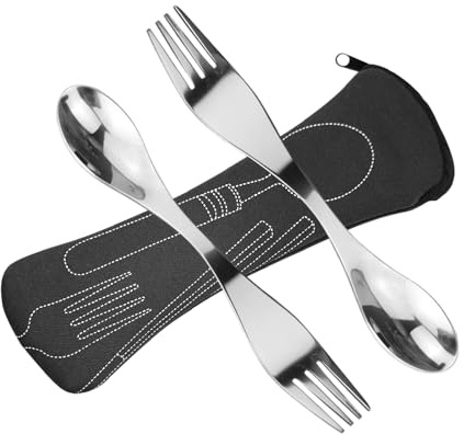 Göffel Edelstahl Gabel und Löffel Campingbesteck Leichtes Besteck Dual-Use 2 Stück (Schwarz)