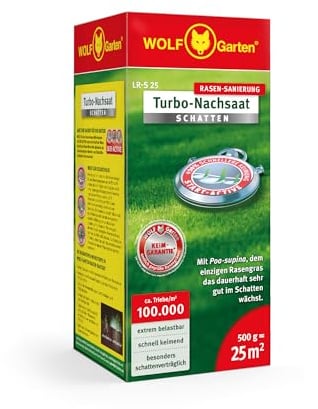 WOLF-Garten Turbo-Nachsaat „SCHATTEN“ zur Rasensanierung LR-S 25 (für 25 m², hohe Dichte mit ca. 100.000 Trieben/m², speziell auf schattige Lagen, mit WOLF-Garten Keimgarantie, im 500g Karton) 3826625