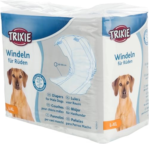 TRIXIE Hundewindeln für Rüden Größe L-XL – Saugfähige Rüdenbinde bei Inkontinenz & Markierverhalten – 12 St. mit Klebeverschluss & Gummiband für mehr Komfort, 60-80 cm Taillenumfang – 23643