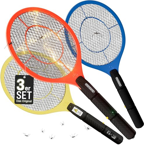 MONZANA® 3X Elektrische Fliegenklatsche 3000V Doppeltes Sicherheitsnetz batteriebetrieben Mückenklatsche Fliegenfalle Fliegenfänger Insektenvernichter