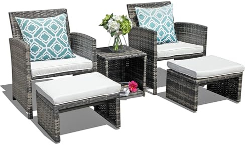 OC Orange-Casual 5-TLG Rattan Balkonmöbel-Set, PE-Rattan Gartenmöbel-Set, 2 Gartensessel mit Beistelltisch&Hocker, Gartensitzgruppe inkl. Sitzkissen&Rückenkissen, Bistroset für Garten Indoor Balkon