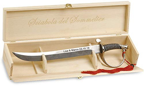 Renoir Champagnersäbel MIT Gravur (z.B. Namen, Datum) in schöner Geschenkbox aus Holz, hochwertiger Säbel für Champagner, Champagneröffner