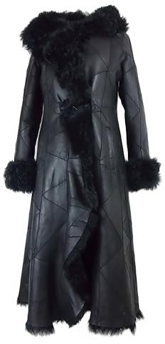 kkdafis Damen Lammfellmantel Schwarz Patchwork Lammfell Fellmantel bis Gr.50, Glattleder