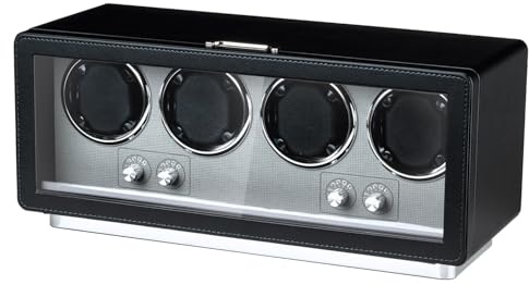 Mcbazel Rechteckige automatische Uhrenbewegerbox aus PU-Leder für 4 Uhren, ultraleiser Motor mit 4 Zifferblättern, LED-Lichtanzeige, 4 Rotationsmodi, Schwarz
