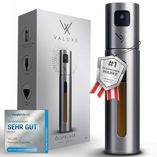VALUXE® Ölsprüher für Speiseöl & Essig mit UV-Edelstahlmantel & Sprühfilter - Edelstahl Öl-Sprühflasche - Präziser Essig & Olivenöl Sprüher, Öl-Zerstäuber, Oil-Sprayer Edelstahl