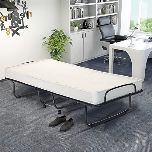 COSTWAY 80x190cm Gästebett, mit 10cm Dicker Memoryschaum-Matratze, Klappbares Einzelbett, Metallbett bis 120kg, Klappbett auf Rädern, Faltbett