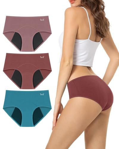 Periodenunterschwäsche Starke Blutung Perioden Unterwäsche Menstruationsunterwäsche Mädchen 60ML Auslaufsicher Periodenslip Unterhosen Damen Baumwolle Periodenunterwäsche, 3er Pack Pink/Rot/Blau L