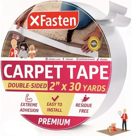 XFasten Doppelseitiges Teppichklebeband für Flächenteppiche, rückstandsfrei, 2 Zoll x 30 Yards (50,8 mm x 27,43 m); Wood Safe 2 Faced Teppichklebeband für Teppich-zu-Boden
