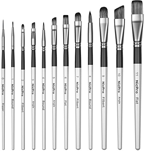 Nicpro 12 Stück Pinsel Set, Nylon Pinselset Acrylfarben, Aquarell Ölgemälde, Malerei Ölfarben Brush Set, Acryl Pinsel für Anfänger, Künstler, Schulmalpinsel