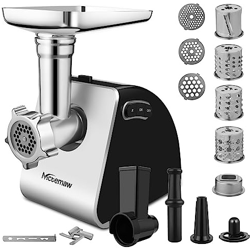 Fleischwolf Elektrisch,2000W Multi Küchenmaschine Wurstmaschine mit 3 Lochscheiben, 4 Kegel-Klingen, Wurstfüller und Gebäck Aufsatz