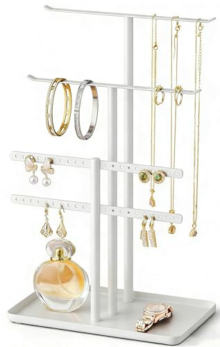Schmuck Organizers, Schmuckständer 32cm Groß, 4 Ebenen Robust Schmuckaufbewahrung Reise, Schmuckschrank Organizer für Halskette, Armband, Parfüm und Ohrringe, Deko Aesthetic Accessoires, Weiß