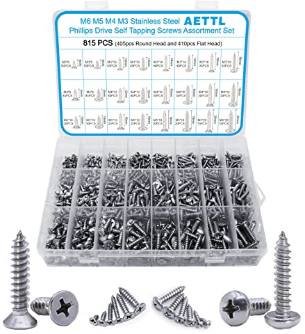 AETTL 815 Stück M6 M5 M4 M3 Edelstahl Selbstschneidende Schrauben Set Sortiment, Metrisch Selbstbohrende Holzschrauben mit Senkkopf Linsenkopf Flachkopf Kreuz für Holz Trockenbau Blech Beton