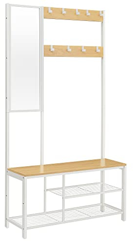 VASAGLE Garderobenständer, Garderobe mit Haken, Kleiderständer mit Spiegel, Schuhbank und Ablagen, 36 x 98 x 185 cm, für Flur, Schlafzimmer, Wohnzimmer, eichenfarben-weiß HSR050W09