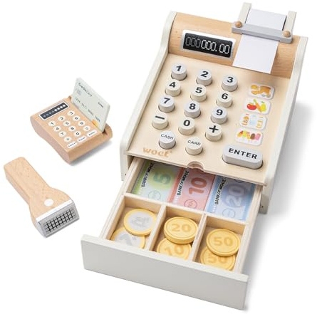 Woet Holz-Kasse mit Scanner und Kartenleser | Kaufladen-Spielzeug, Kasse, Spielgeld, Münzen und Kreditkarte, mobiles Kartenlesegerät, Einkaufs-Rollenspiel, ab 3 Jahren