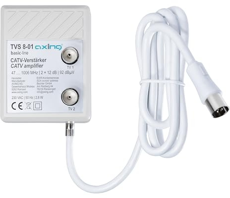 Axing TVS 8-01 Breitbandverstärker mit 2 Ausgängen (2 x 12 dB) für DTT und FM oder TV-Kabel