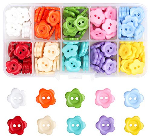200 x Bunte Knöpfe Bunt Kinderknöpfe 15mm 2 Löcher Harz Blumenform Knopf | Blumen Knöpfe Bunte Knöpfe Set Buttons mit Aufbewahrungsbox für Nähen Kleidungsdekoration DIY Basteln Dekorationen