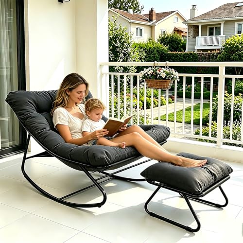 LIJYITF Schaukelstuhl mit Hocker, Schaukelsessel, Schaukelstuhl Wohnzimmer, Relaxstuhl Lesesessel mit Gepolsterter, Outdoor Lounge Sessel, bis 150 kg, für Balkon, Garten (Grau, 100T x 77B x 70H cm)