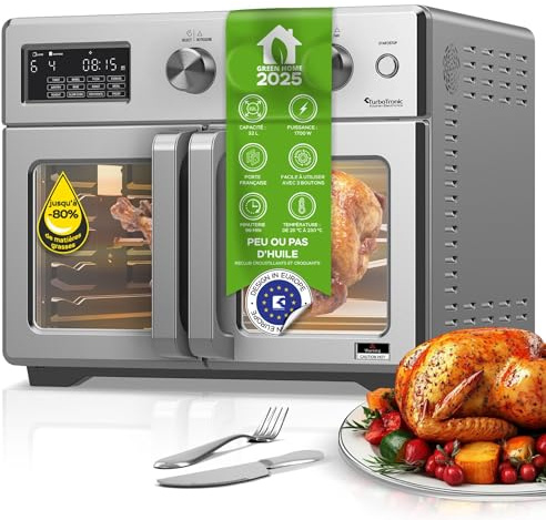 TurboTronic Mini Backofen - 4in1 Heißluftofen und Heißluftfritteuse XXL Version 32L inkl. Drehspieß & viel Zubehör, Dörrgerät ab 25°C & Grill, Airfryer, kleine Mini Tisch Back Pizzaofen (silber)