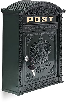 Relaxdays Briefkasten Antik Englischer Wandbriefkasten aus Aluguss mit breitem Briefschlitz für DIN A4 Umschläge HBT: 44,5 x 31 x 9,5 cm nostalgischer Postkasten mit rundem Dach, grün