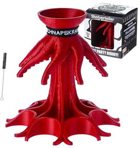 Schnapskrake ® - Das Original- Getränkeverteiler für 8 Personen - Made in Germany - Verteiler - Ausgiesser - Einschenker (rot-metallic, ohne Gläser)