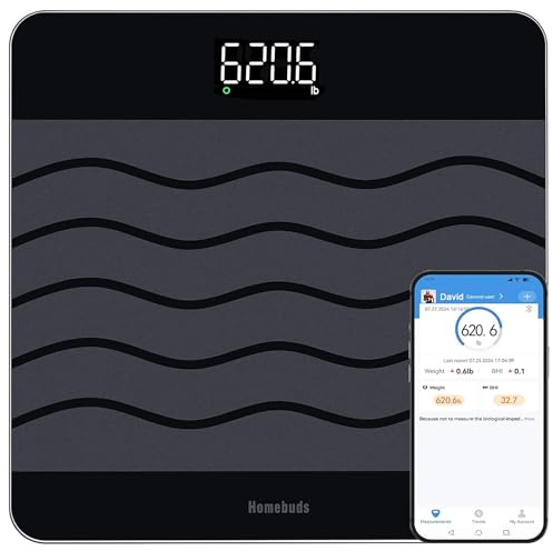 Homebuds 300kg Personenwaage, Präzision 0,05kg Unsere Waage Fabrik Professionelle Seit 2001, Smart Waage Personen Digital BMI Per App, 8mm Gehärtetes Glas 315 * 315mm, LED, Schwarz