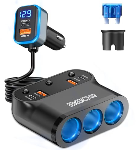 3 PD USB-C Zigarettenanzünder Verteiler: 360W Kfz 12V Adapter Auto Ladegerät 3 Mehrfach Steckdose DC 12 Volt Stecker Ladekabel Splitter mit Schalter 6 Anschlüsse für Handy Sitzheizung GPS Dash Navi