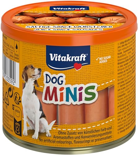 Vitakraft Dog Minis, Hundeleckerli, Mini Würstchen aus Geflügel und Schwein, in Dose mit Deckel, Hunde Trainingsleckerli, gewürzreduziert, ohne Zusatz von Zucker (1x 120g)