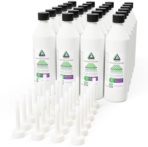 TOBOLIN Horizontalsperre Set 24 x 500 ml inkl. 24 Auslauftüllen – ölbasiertes Injektionsverfahren gegen aufsteigende Feuchtigkeit im Mauerwerk, nachträgliche Feuchtigkeitssperre zur Mauertrockenlegung