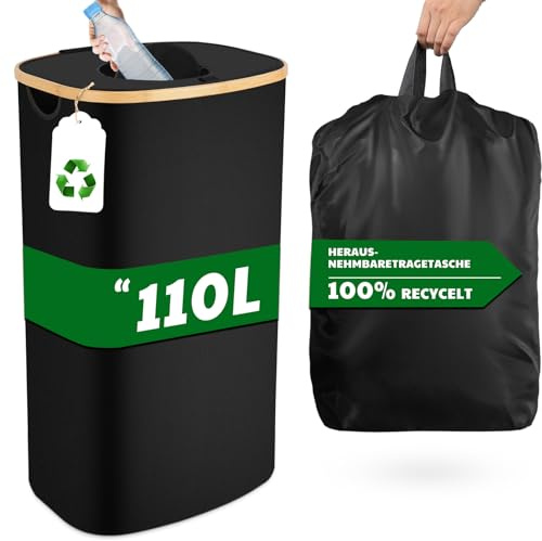 PHYSEN 110L Pfandflaschen Sammelbehälter mit Deckel, Pfandbehälter Aufbewahrung, Bambus Pfandflaschen Organizer, XXL Faltbar Flaschensammler Leergut Sammelbehälter mit Loch, Behälter Leergut & Altglas