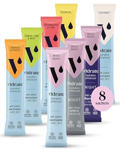 Elektrolyte ohne Zucker – Isotonisches Getränkepulver für Energie & Wohlbefinden – Natürliches Elektrolyt Sport Hydration Pulver mit Vitaminen – Vidrate Sortimentpackung 8 Tütchen