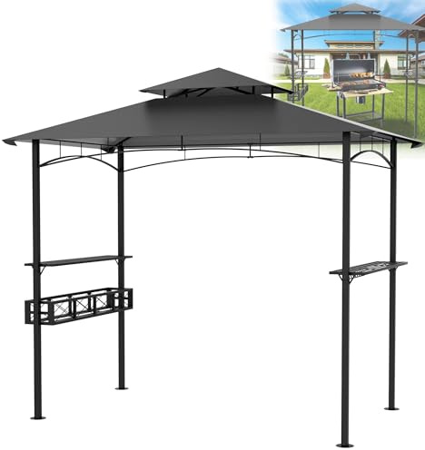 HENGMEI Grill Pavillon 2.45 x 1.53m, Grillpavillon Partyzelt Doppelstöckige Schutzabdeckung, Grillzelt Gartenpavillon Pergola mit Regalen und Ablagekörben für Party, Marktstand, Picknick (Grau)