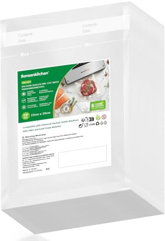 Bonsenkitchen Vakuumbeutel 15 x 25 cm, 100er Pack, BPA-frei | Geprägt, für alle Vakuumierer, kochfest, Sous-Vide-tauglich, Gewerbeklasse, VB3204