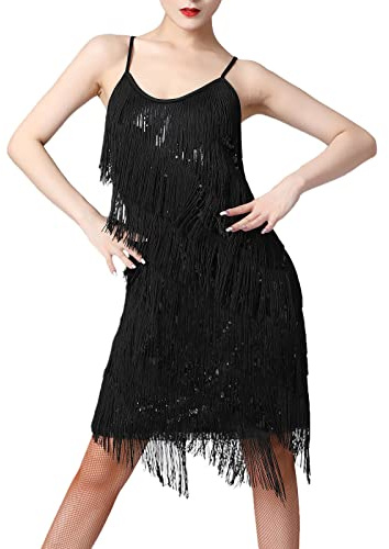 Odizli 20er Jahre Kleid Damen Gatsby Pailletten Fransenkleid Spaghettiträger Sexy Kurz Latein Tanzkleid