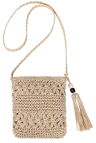 Aucuu Strohtasche Damen Stroh Umhängetasche Vintage Strandtasche mit Quaste Strand Stroh Handtasche Crossbody Tasche für Damenreisen und Urlaub