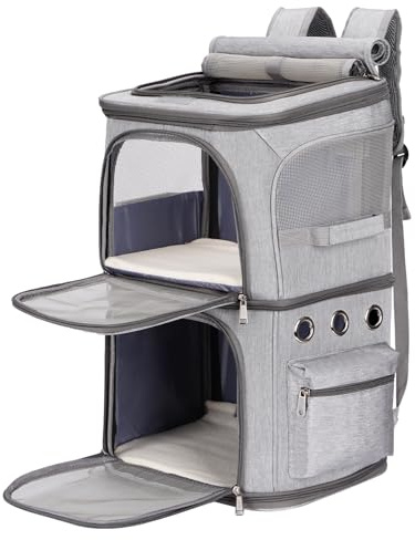 FASNATI Katzenrucksack für 2 Katzen bis 14kg, 2-in-1 Design, Grau, XL | Bis zu 7 kg pro Fach, Abnehmbare Trennwand, 2 Sicherheitsleinen, 3 Öffnungen, Faltbar