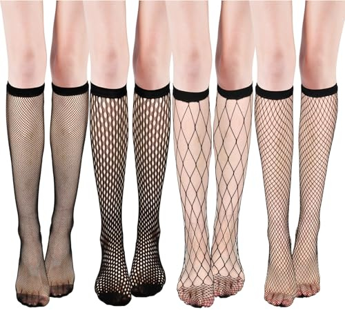 Telooco 4 Paar Nylon Kniestrümpfe Damen Netzstrümpfe Schwarz Hohle Socken