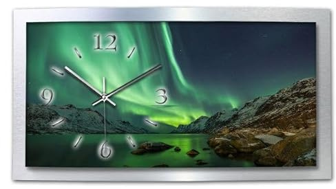 Kreative Feder 3D Designer-Wanduhr Polarlicht in modernem Metallic-Design; leise Funkuhr mit Naturwunder Motiv wahlweise in Zwei Größen (WAA054, 80x40cm; leises Funkuhrwerk)
