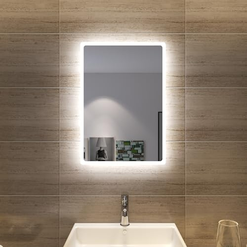 SONNI Badspiegel mit Beleuchtung 60x40 cm Kaltweiß vertikal & horizontal | HD Spiegel kupfer- & bleifrei mit staubdichter Rückwand IP44. Nur über Wandschalter. für Renovierung & Gewerbeimmobilien